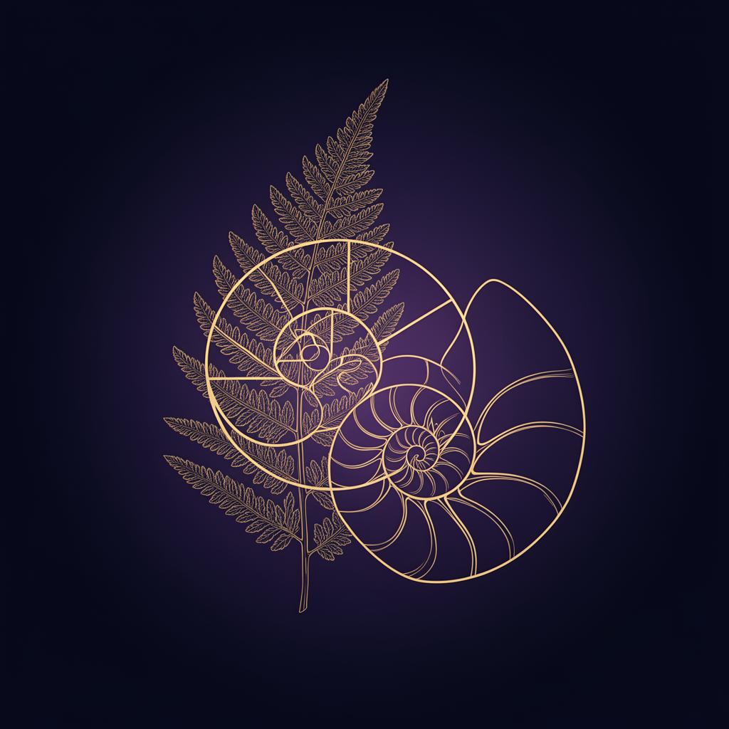 Golden Fibonacci spiral over a fern and nautilus shell