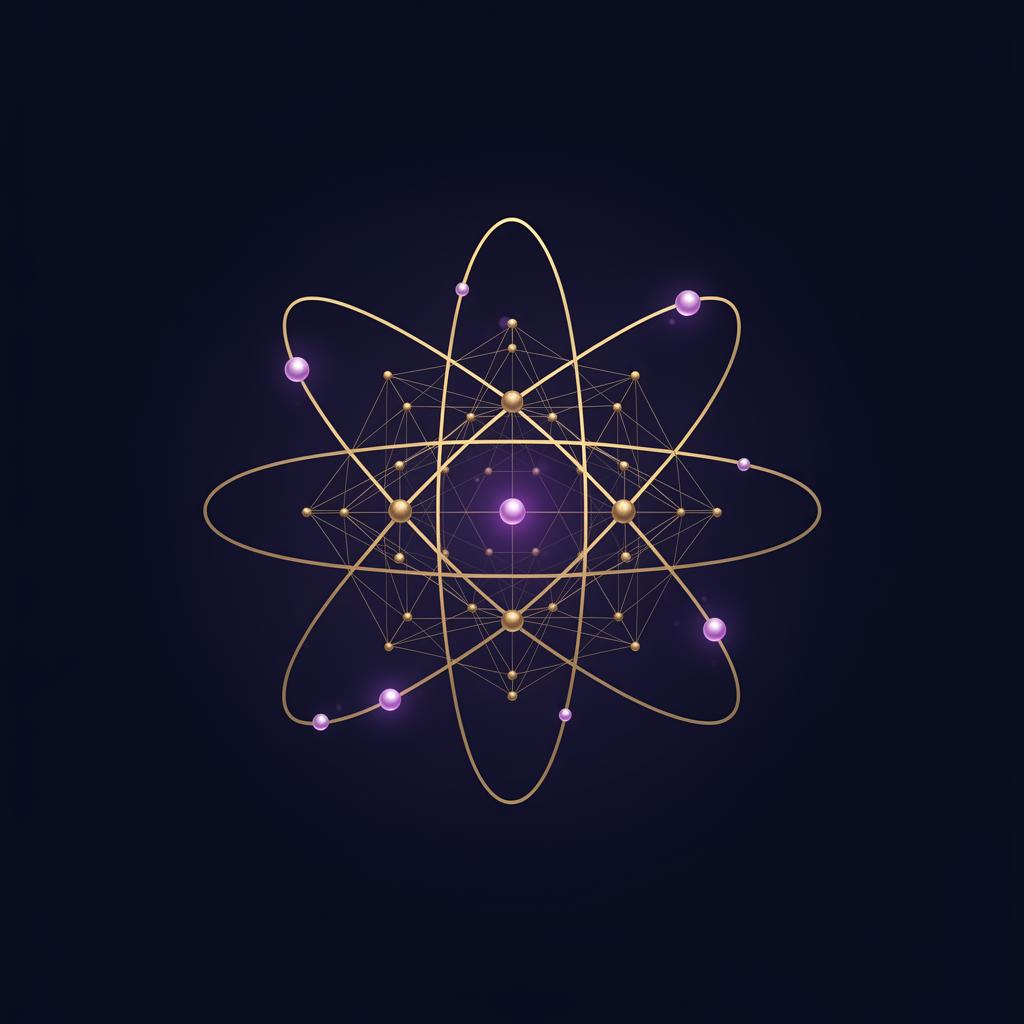 Golden atomic and molecular structure with violet accents